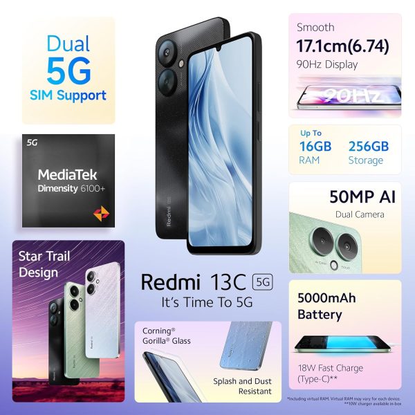Redmi 13C 5G (Starlight Black, 4GB RAM, 128GB Storage) | MediaTek Dimensity 6100+ 5G | 90Hz Display