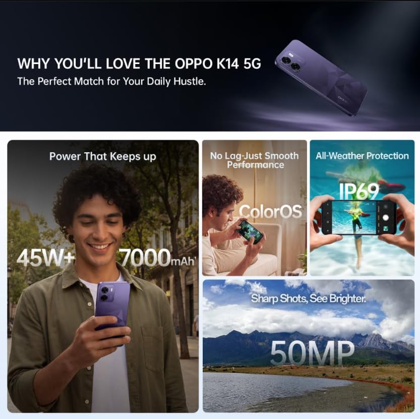 Oppo K14 5G Smartphone, Prism Violet, 6Gb Ram, 128Gb Storage, 7000 Mah Battery, Supercool Vc System 6 Oppo K14 5G Smartphone, Prism Violet, 6Gb Ram, 128Gb Storage, 7000 Mah Battery, Supercool Vc System