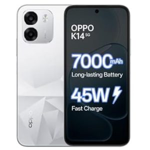 OPPO K14 5G Smartphone, Prism White, 6GB RAM, 128GB Storage, 7000 mAh Battery, 45W Fast Charge