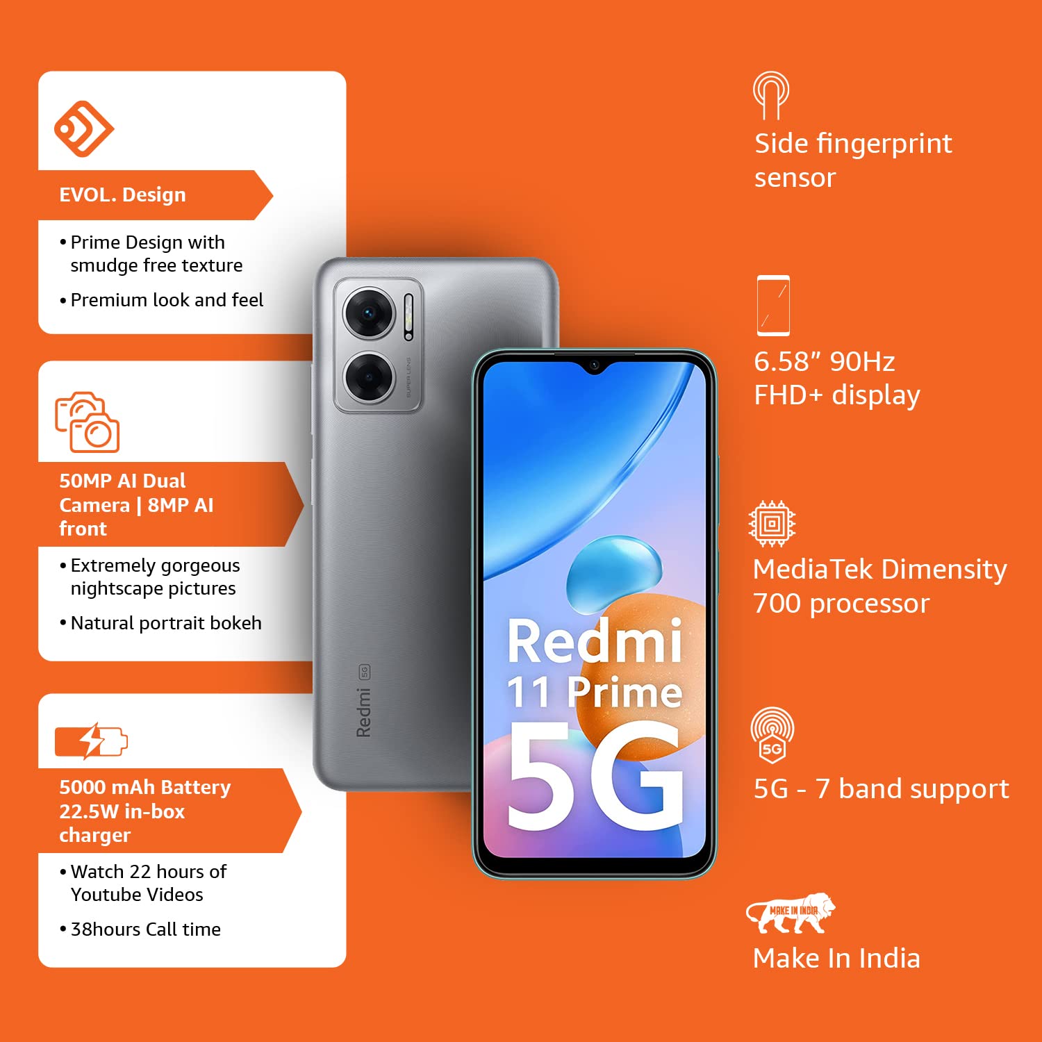 Redmi 11 Prime 5G (Chrome Silver, 6Gb Ram, 128Gb Storage) | Prime Design | Mtk Dimensity 700 | 50 Mp Dual Cam | 5000Mah | 7 Band 5G 2 Redmi 11 Prime 5G (Chrome Silver, 6Gb Ram, 128Gb Storage) | Prime Design | Mtk Dimensity 700 | 50 Mp Dual Cam | 5000Mah | 7 Band 5G