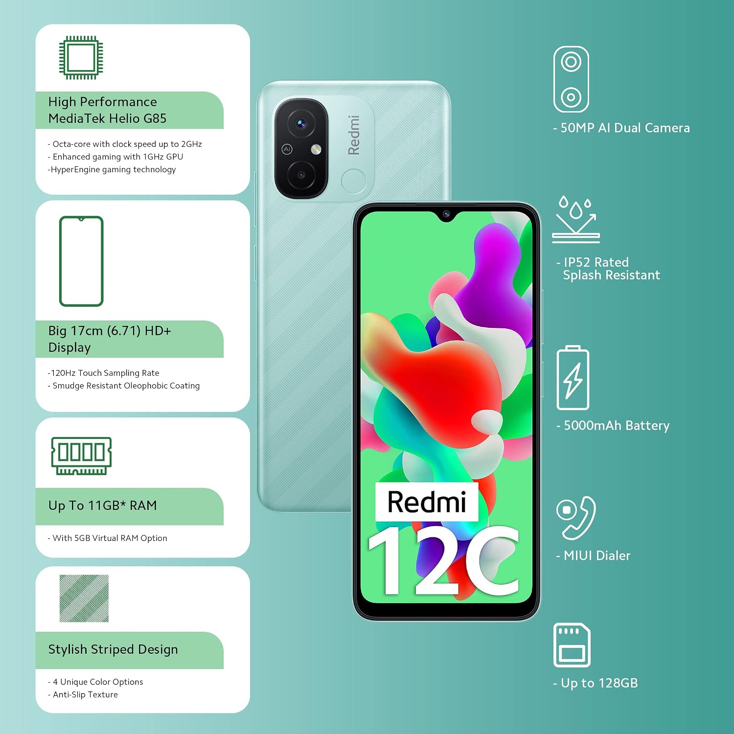 Redmi 12C (Mint Green, 4Gb Ram, 64Gb Storage) | High Performance Mediatek Helio G85 | Big 17Cm(6.71) Hd+ Display With 5000Mah(Typ) Battery 2 Redmi 12C (Mint Green, 4Gb Ram, 64Gb Storage) | High Performance Mediatek Helio G85 | Big 17Cm(6.71) Hd+ Display With 5000Mah(Typ) Battery