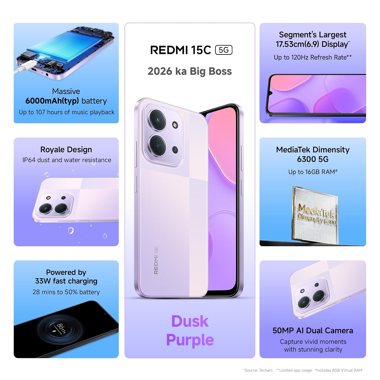 Redmi 15C 5G Dusk Purple 6Gb + 128Gb | Royale Design | Massive 6000Mah Battery | Segment'S Largest 17.53Cm Display Up To 120Hz | Mediatek Dimensity 6300 | 33W Fast Charging |... 3 Redmi 15C 5G Dusk Purple 6Gb + 128Gb | Royale Design | Massive 6000Mah Battery | Segment'S Largest 17.53Cm Display Up To 120Hz | Mediatek Dimensity 6300 | 33W Fast Charging |...